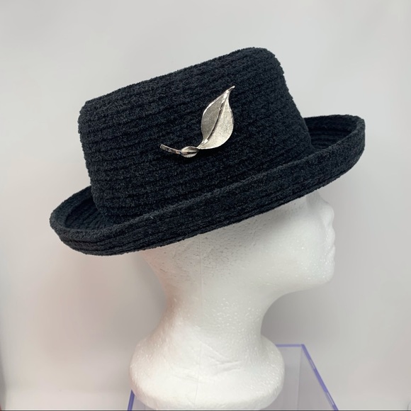 Vintage Arlin Kettle Brim Hat w Leaf Pin RN 7008 Black Dark Grey - Picture 2 of 11